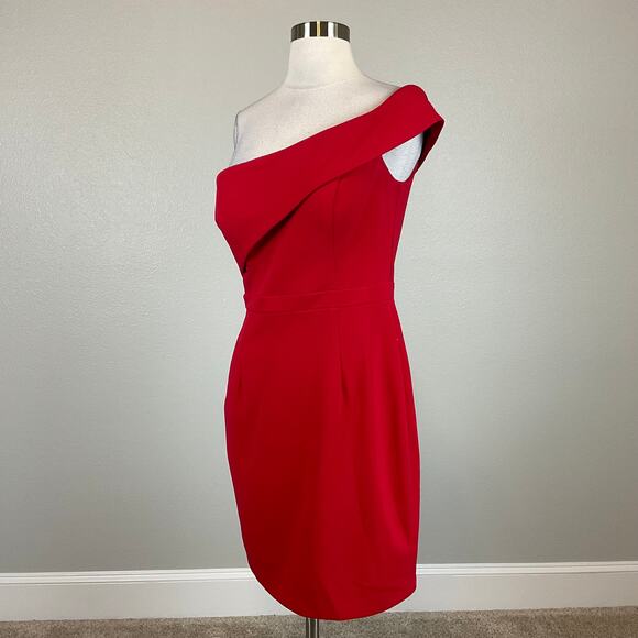 AQUA Women's Cocktail Dress Size 6 Red Crepe Sleeveless One Shoulder Mini Sheath - Picture 4 of 10